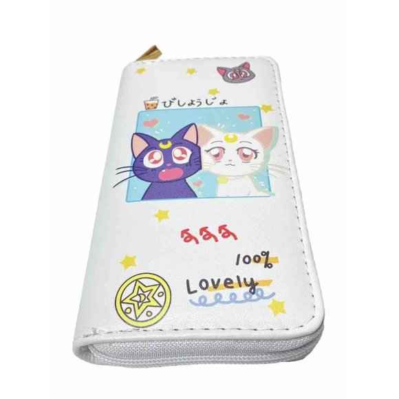 Sailor Moon Wallet Luna & Artemis Cat Cute Kawaii Money Zip Around Wallet, White - Picture 2 of 12